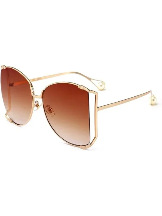 Women's Oversized Semi Rimless Sunglasses Retro Metal Frame Glasses Gold Brown