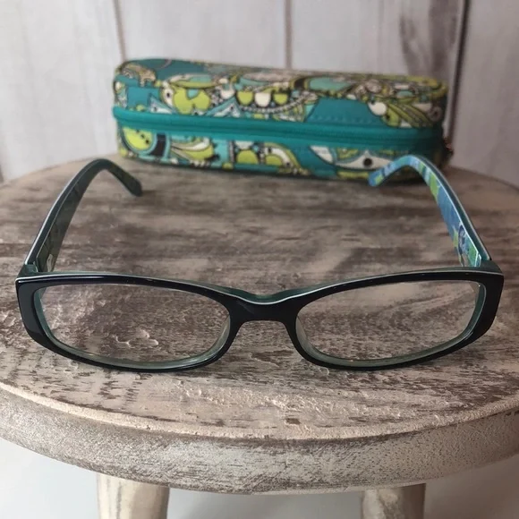 Vera Bradley Black Eyeglass frames Blue Lime accent colors plus eyeglasses case