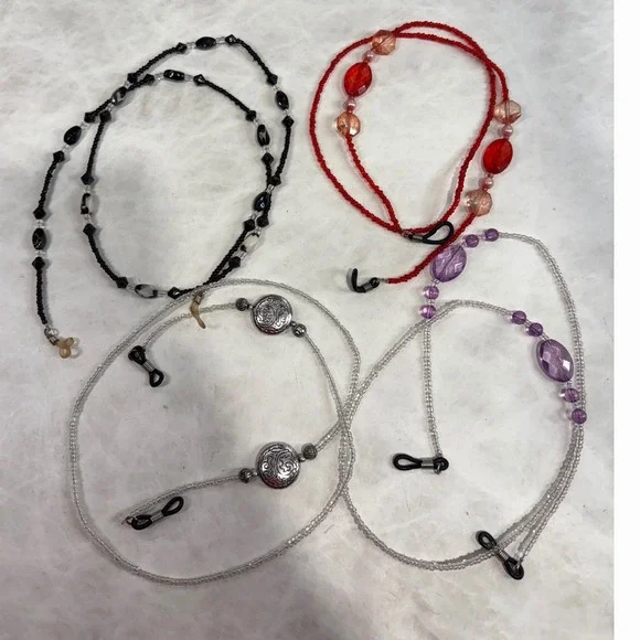 Set of 4 Beaded Eyeglass Chains Multi Color Red Purple Black Silver Tone Straps‎