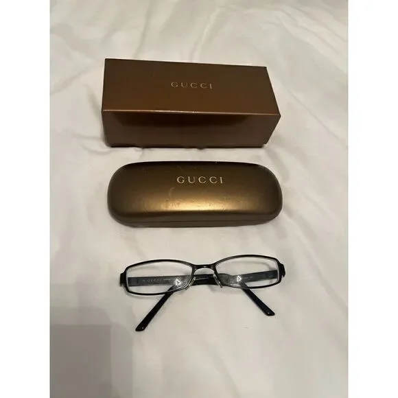 Gucci skinny rectangular black metal frame eyeglasses crystal accent