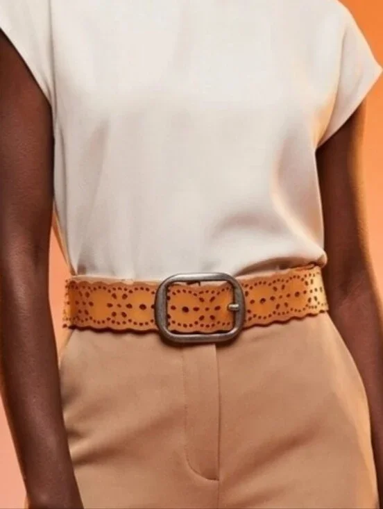 Cowgirl Western Belt Light Tan Orange Hue Cut Out Flowers Pattern 35 Inches Long