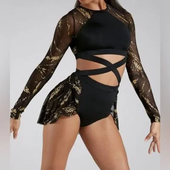 Weissman elite dance costume black gold Glitter Brush Mesh Dress D11680 MA adult