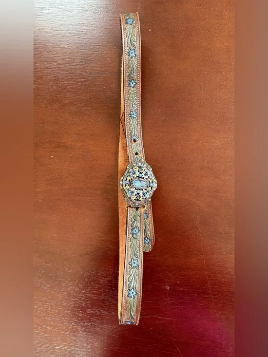 Embellished Brown Leather Women's Belt with Floral Concho