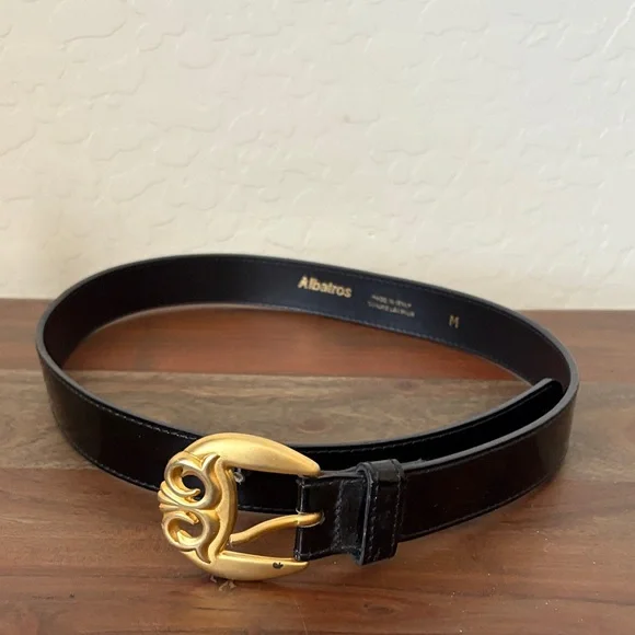 Black Belt with Ornate Gold Buckle . 36in made in Italy.