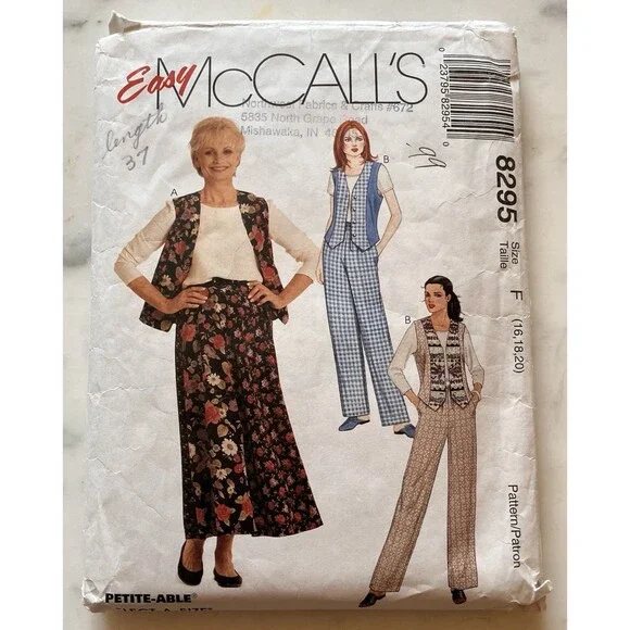 Vintage McCall’s Pattern 8295 Women’s Top‎ Vest Pants & Skirt Size 16-18-20 Cut