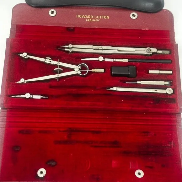 Vintage Howard Sutton Germany Drafting Tool Set Compass Architect Kit Red Case