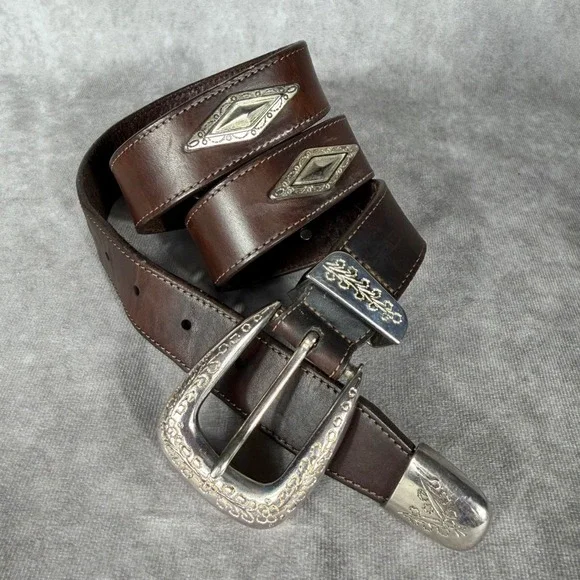 Vtg '91 Brighton Brown Leather Western Belt Silver Gold Floral Concho USA Large