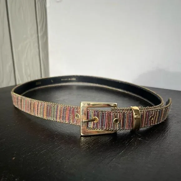 Vintage Woven Stripe Belt Gold Buckle Deadstock 30–34” Size L USA