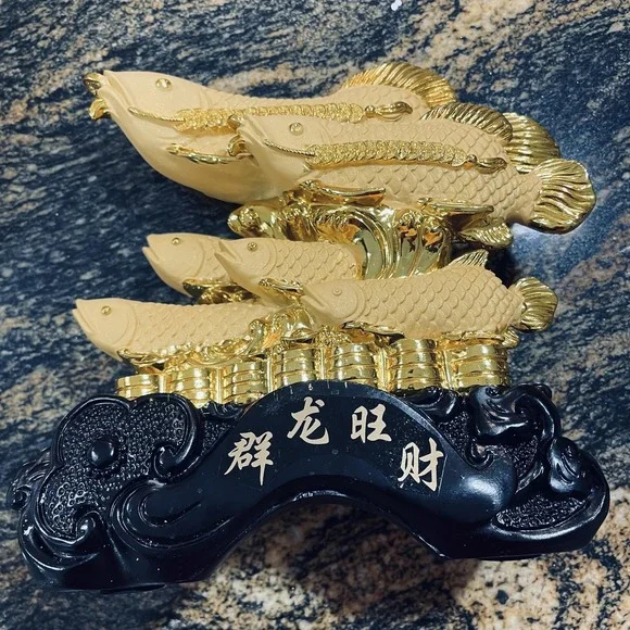 Gold Arowana Fish Feng Shui Resin Figurine Chinese Wealth‎ Coins Decor Small