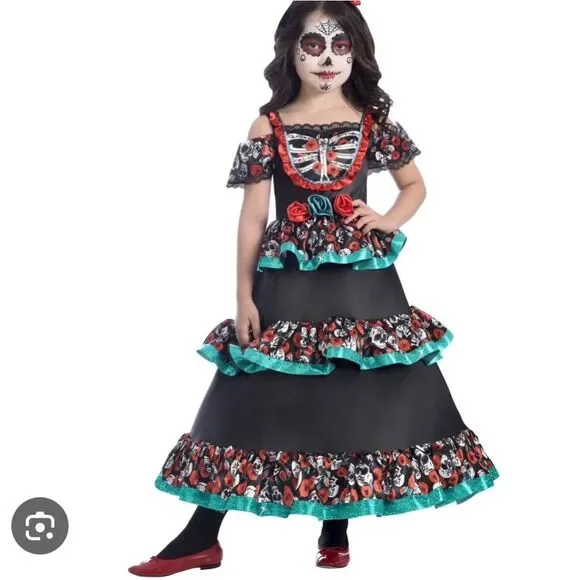 Sugar Skulls And Roses Day of the Dead Kids Costume - Black and Red Size 10-12