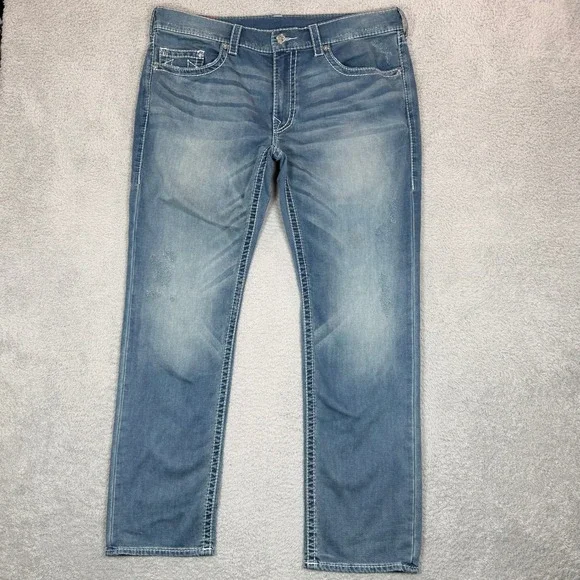 True Religion Section Slim Mens Jeans 40 Medium Wash White Contrast Stitch Blue
