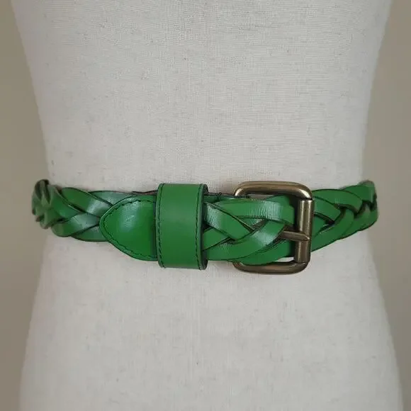 Green Leather Belt Women Medium Braided Woven Boho Minimalist Preppy Cottagecore