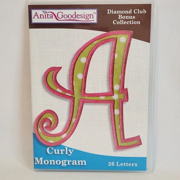 Anita Goodesign Curly Monogram Embroidery Designs CD‎ 26 Letter Diamond Club