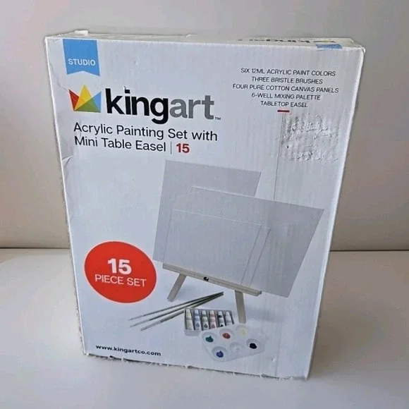 NEW KingArt Acrylic Painting 15 Piece Set Mini Easel 6 Acrylic Paints 3 Brushes