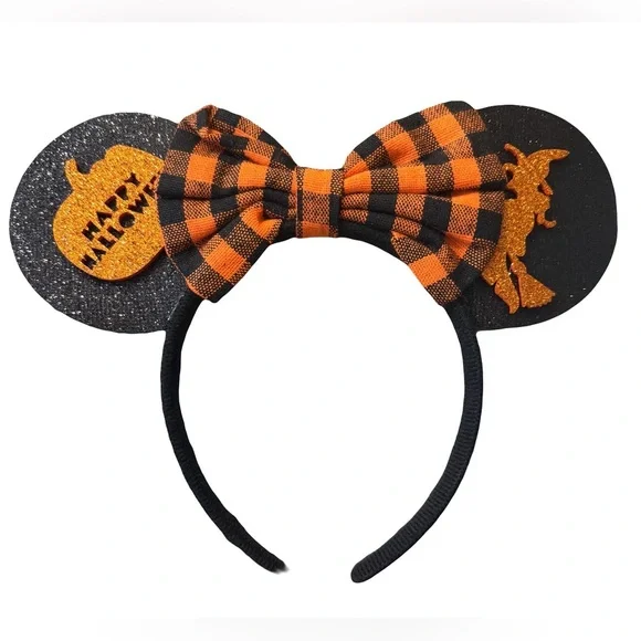Halloween Black & Orange Plaid Bow Ear Headband for Kids