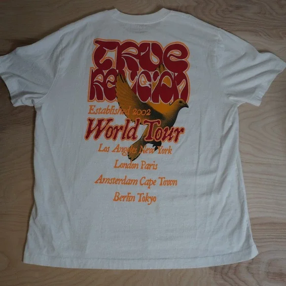 True Religion Mens World Tour Graphic T-Shirt White 2XL Dove Retro Logo Tee