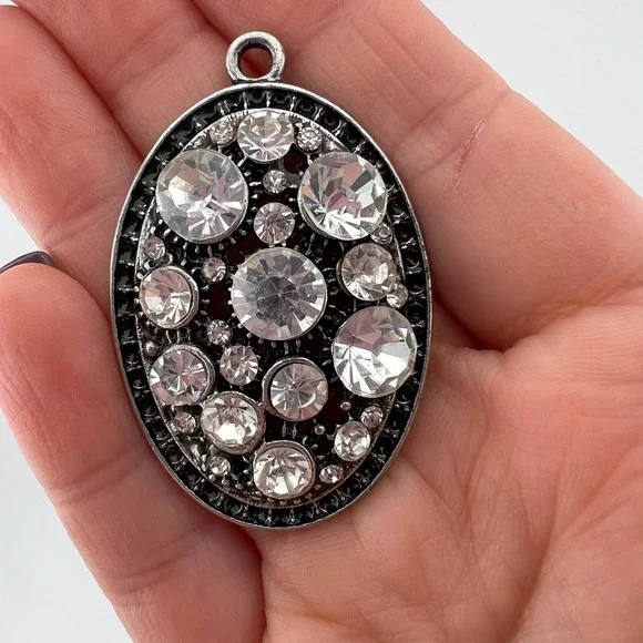 Oval Rhinestone Pendant Silver Tone Black Statement Necklace Charm