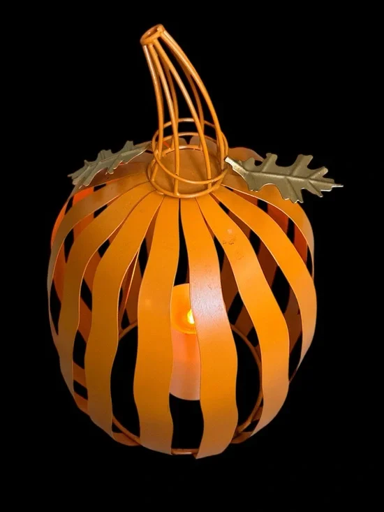 Orange Metal Pumpkin Lantern - Fall Home Accent