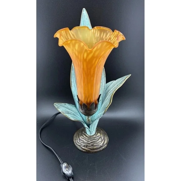Vintage Tiffany-Style Orange Trumpet Tulip Accent Lamp With Bronze Leaves