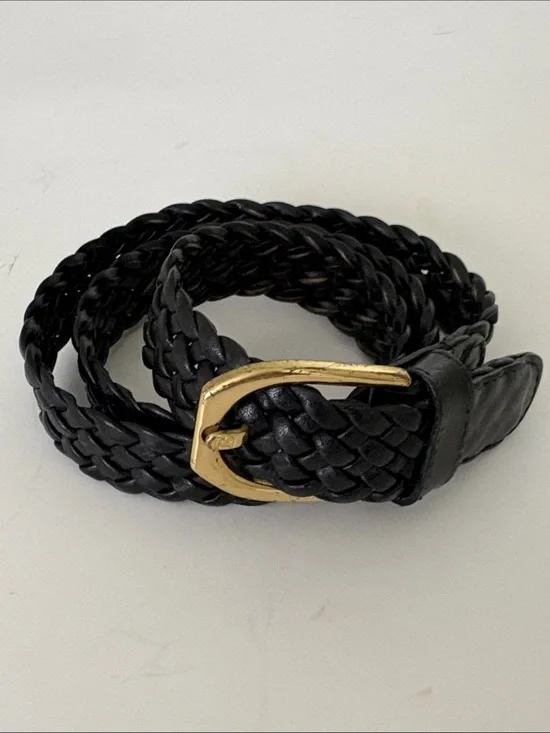 VTG Bally Woven Leather Black Belt gold Brass Buckle Hardware Sz 30” 75 cm