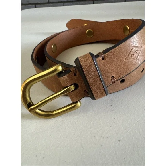 Fossil Brown Leather Belt Womens Medium Antique Brass Buckle Brown 1