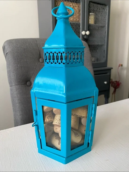 Vibrant Turquoise Metal Lantern with Glass Panels Mystical Magical Caribbean
