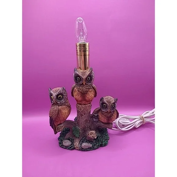 Vintage Mid Century 1970's 3 Owls on Tree Branch Table Lamp Works‎