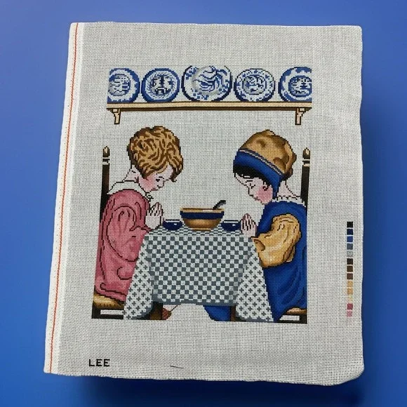 LEE Hand Painted Needlepoint Canvas Give Thanks Dinner Time Praying Girls 18ct