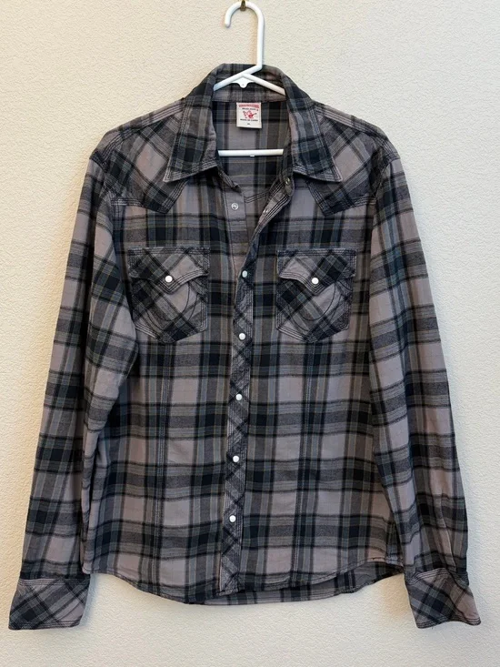 True Religion Gray and Blue Plaid Western Shirt Sz XL