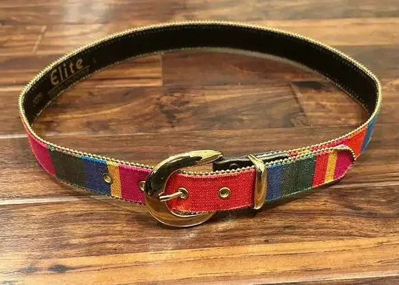 Vintage Multicolor Striped Tapestry Belt w Gold-Tone Bead Edges Boho Maximalist