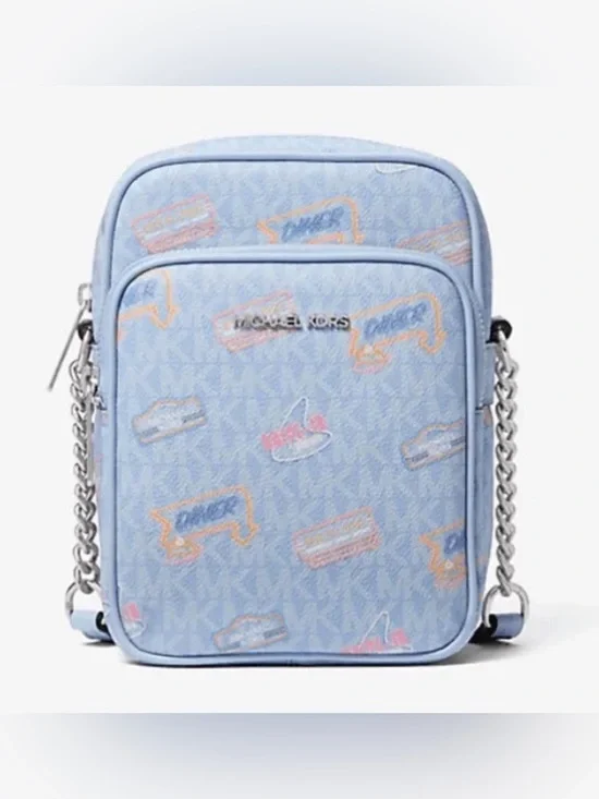 Michael Kors Light Blue Logo Print Messenger Crossbody with Chain Strap
