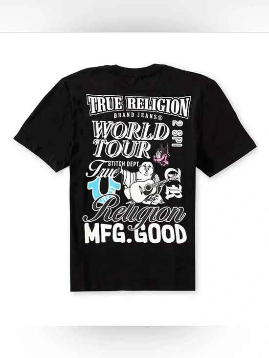 True Religion Black Tee with White & Light Blue Graphic
