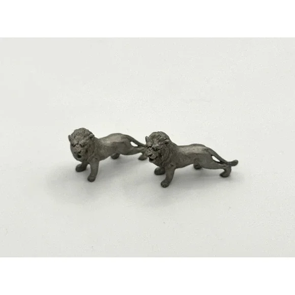 Vintage Pewter Lion Figurines Pair Mini Safari Animal Lions Desk‎ Decor Gift