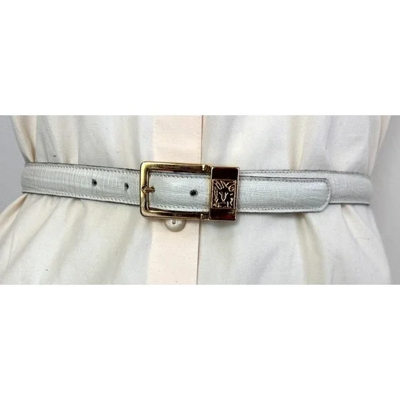 Anne Klein Calderon Skinny Leather Belt Gold Buckle White USA Size Small VGUC