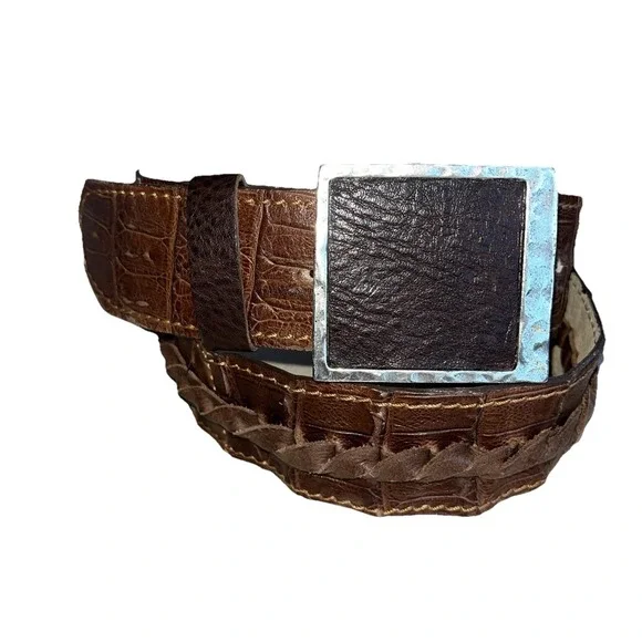 Vintage Vin Baker USA‎ Brown Alligator Belt Women's Western Square Buckle