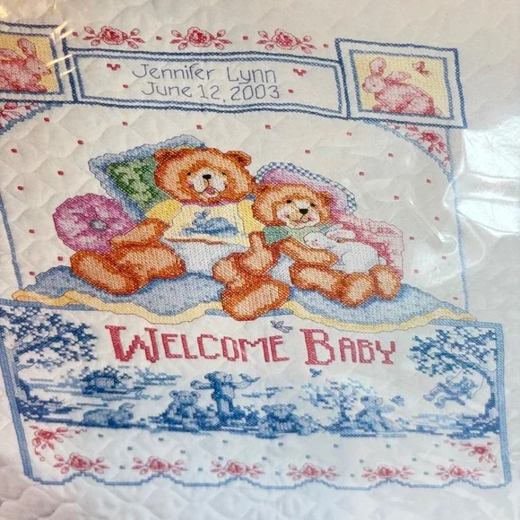 Bucilla Baby Crib Cover Stamped Cross Stitch Kit Bears Welcome Baby Vtg 2003 New