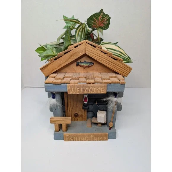 Rustic Fishing Cabin Decor w/ Faux Plant Log‎ Cabin 