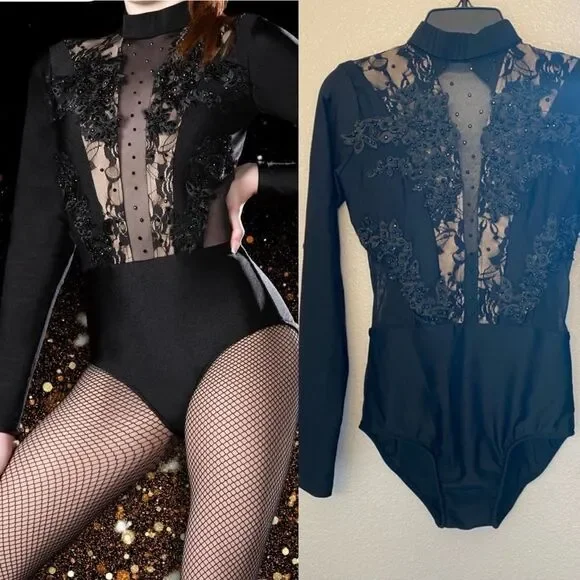 Glamour solo dance costume black lace illusion broadway musical SA-Small adult