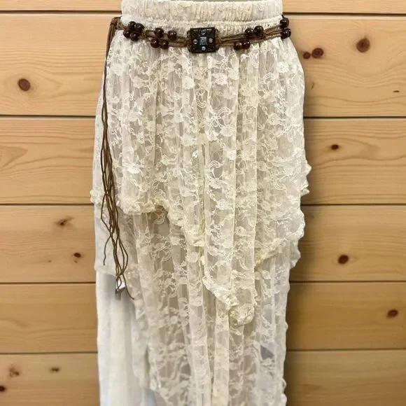 Brown Beaded Macrame Antique Brass Blue Crystal Fringe Belt NWT
