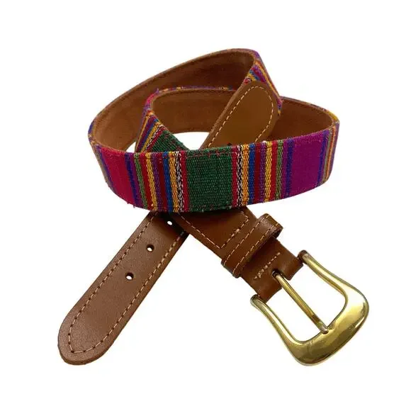 Boho Donna Katz Women's Size L Woven Colorblock Fabric & Tan Leather Belt USA‎