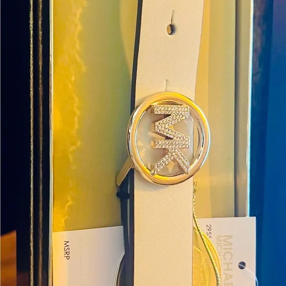 Michael Kors Ivory Belt with Gold MK Buckle size S/M. NIB