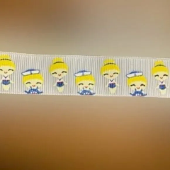 White Grosgrain Ribbon with Blonde Girl and Ship Wheel  ****ALL RIBBONS BUY 2 GE