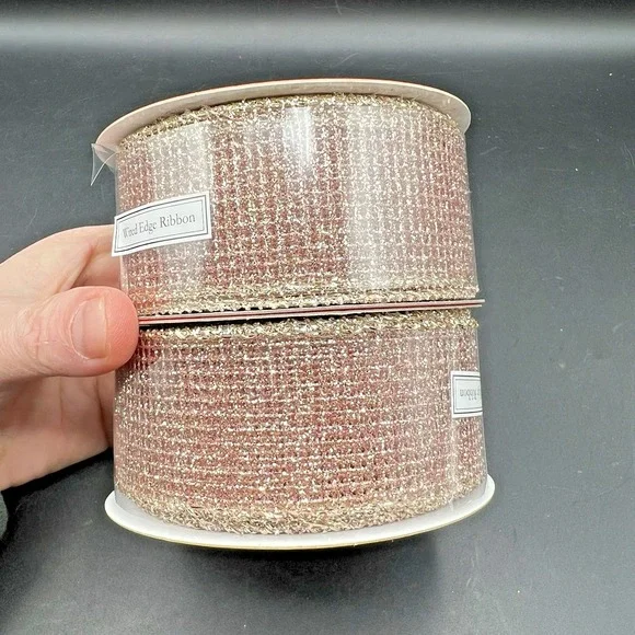 Pink Rose Gold Metallic Glitter Net Wired Edge Ribbon Set of 2 Roll 30'ea  ~ NEW