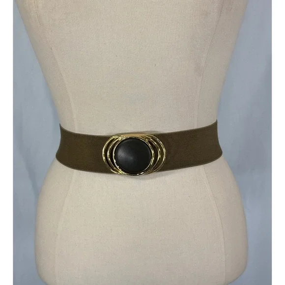 Vintage Wide Elastic Cinch Belt Olive Brown Gold Black Buckle Retro 25