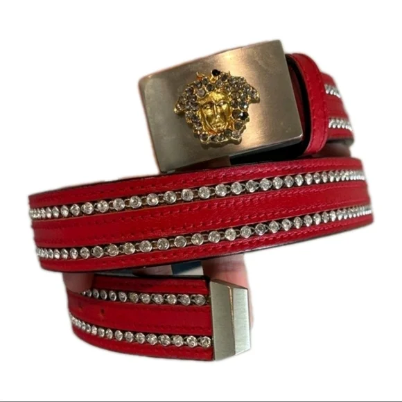Versace Medusa Red & Gold Rhinestone Belt Women's (36