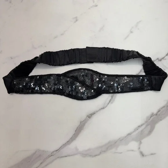 VTG 80s Black Sequin Beaded‎ Elastic Waist Stretch Belt Women M Dressy Formal