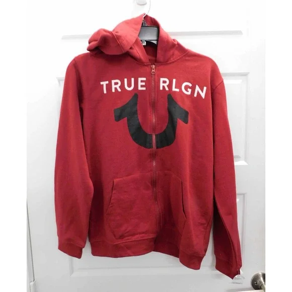 True Religion Men's Large Logo Full Zip-Up Hoodie Sweatshirt‎ Red Dahlia