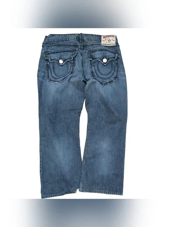 True Religion Billy Giant Big T Jeans Mens 36 Made USA Blue Distressed Flap
