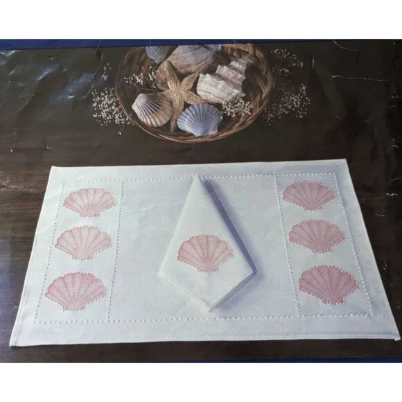 Vintage 1980's‎ Seashell Placemats Napkins Candlewicking Embroidery Kit STARTED