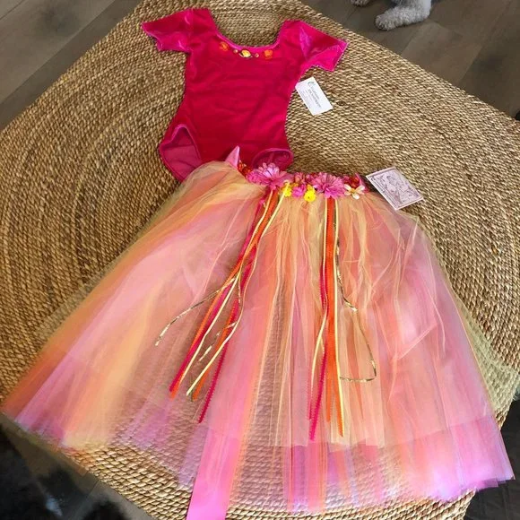 New Childhood Enchantment Large Orange Pink Sherbet Leotard & Tutu Floral Ribbon